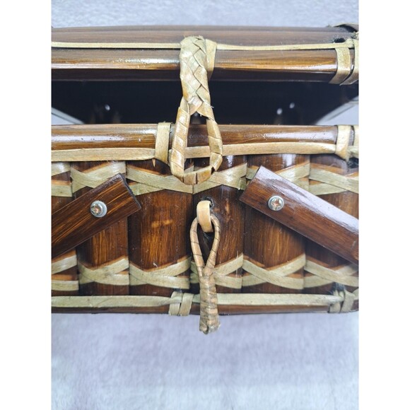 Vintage Bamboo Treasure Chest Mini Picnic Basket Purse 7x7x6 inches Keep-Sake - Picture 12 of 15
